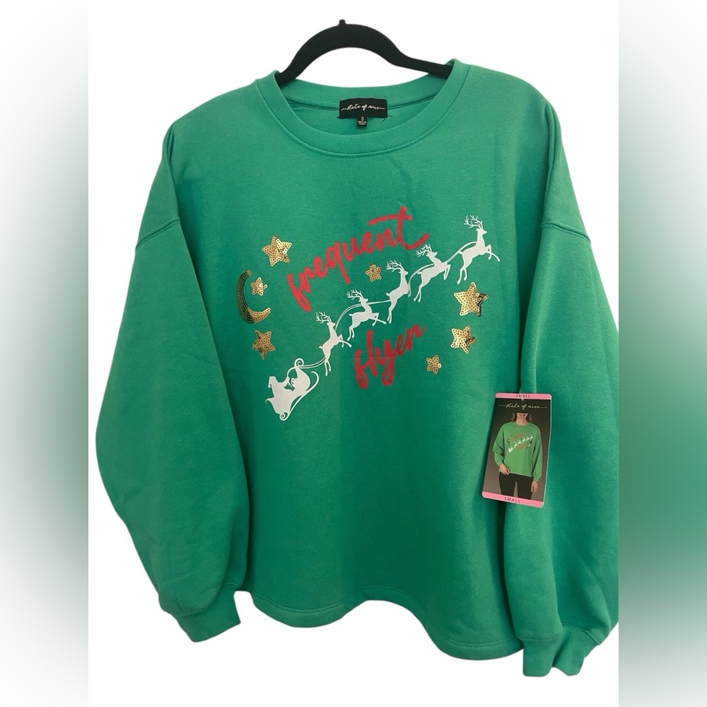 State of Mind Green Sweatshirt Women’s Small Frequent Flyer Gold Sequins NWT